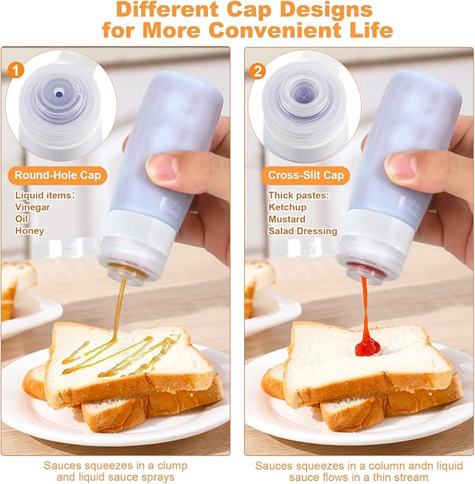 Seropy Condiment Squeeze Bottles for Sauces, Salad Dressing Container to Go, Small Silicone Squeeze Bottles, Condiment Containers Dispenser for Ketchup Hot Sauce, Orange/Green/Pink/Blue 3 Oz