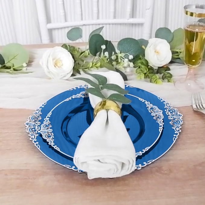 Efavormart 10 Pack | 8" Translucent Navy and Silver Baroque Dessert Plates, Leaf Embossed Metallic Rim Shatterproof Appetizer Plates for Nautical Showers