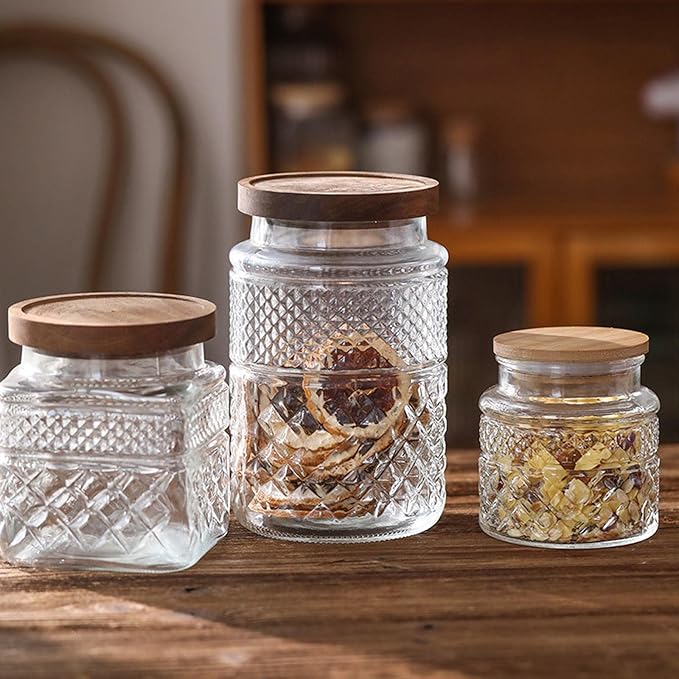 60 FL OZ Large Glass Storage Jar with Airtight Bamboo Wooden Lid - Food Storage Container for Candy, Snack, Coffee, Tea, Nuts, Cereal, Vintage Kitchen Containers