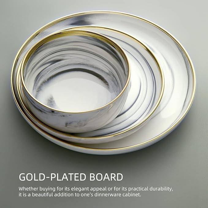 Pokini Marble Gold Rim Dinnerware Sets, Porcelain Plates and Bowls Sets, Modern Luxury Dish Set for 4, White Grey China Dinner Set for Special Occasions, Hand Wash Quickly