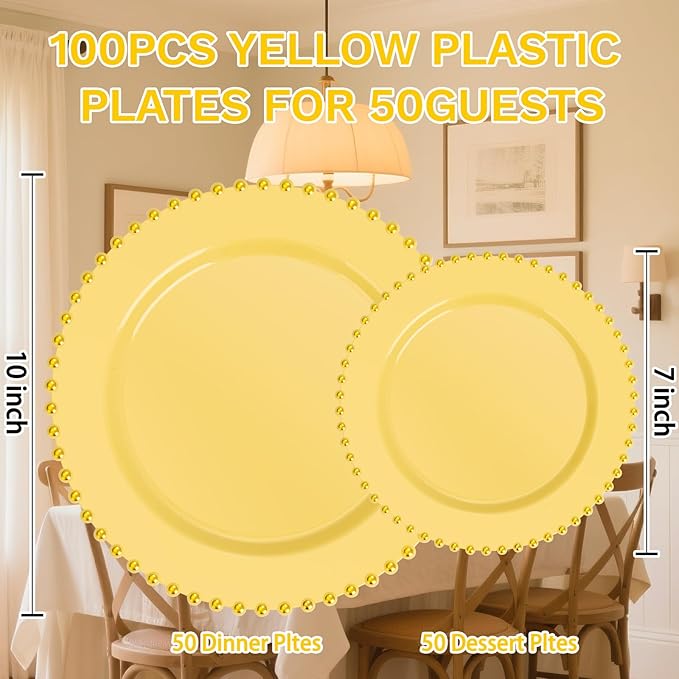 Supernal 100pcs Yellow Plastic Plates,Heavy Duty Plastic Plates,Yellow Party Decorations with Gold Beaded Including 50 Dinner Plate and 50 Disposable Dessert Plate,Pretty Disposable Platos for Wedding