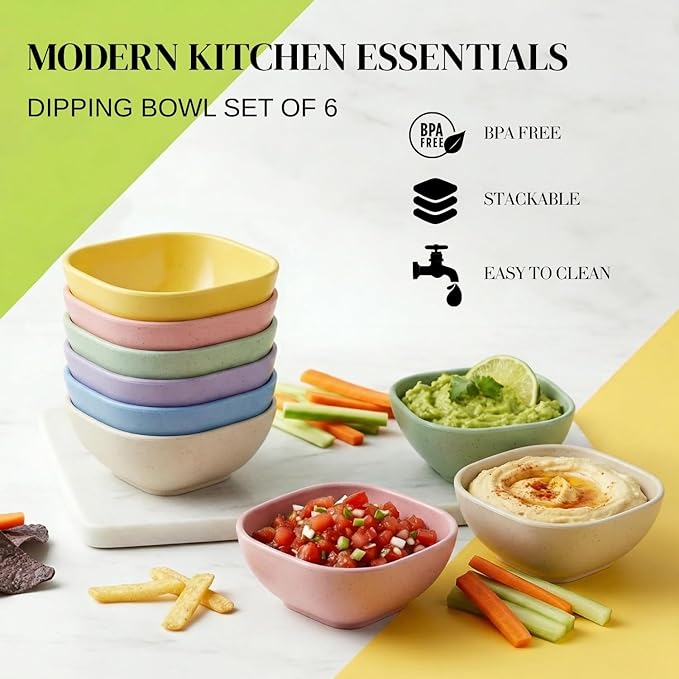 Wrova Dipping Bowls Set of 6, Soy Sauce Dish Wheat Straw Bowls 5oz, Small Plastic Ramekins for Side Dishes,Condiment,Ketchup, Unbreakable Sauce Bowls Microwave Safe Dip Bowls for Parties- Colorful