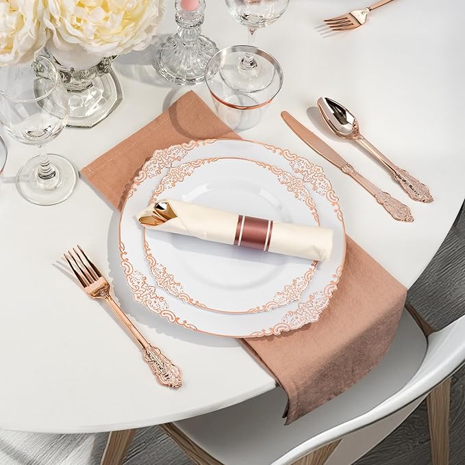 Bestluck 175PCS Rose Gold Plastic Plates for 25 Guests, Disposable Dinnerware Sets Include 50 Rose Gold Rim Plastic Plates, 25 Silverwares and 25 Cups, 25 Pre Rolled Napkins for Party, Graduation