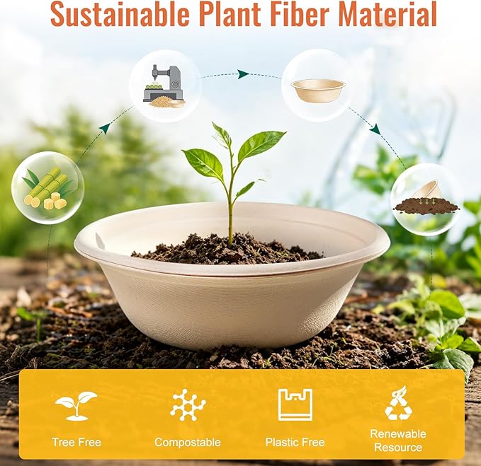 Dynta 110 Pack 32oz Paper Bowls, Large Compostable Disposable Bowls for Salads, Soups & Dog Feeding | Microwave & Freezer Safe(Natural Brown)