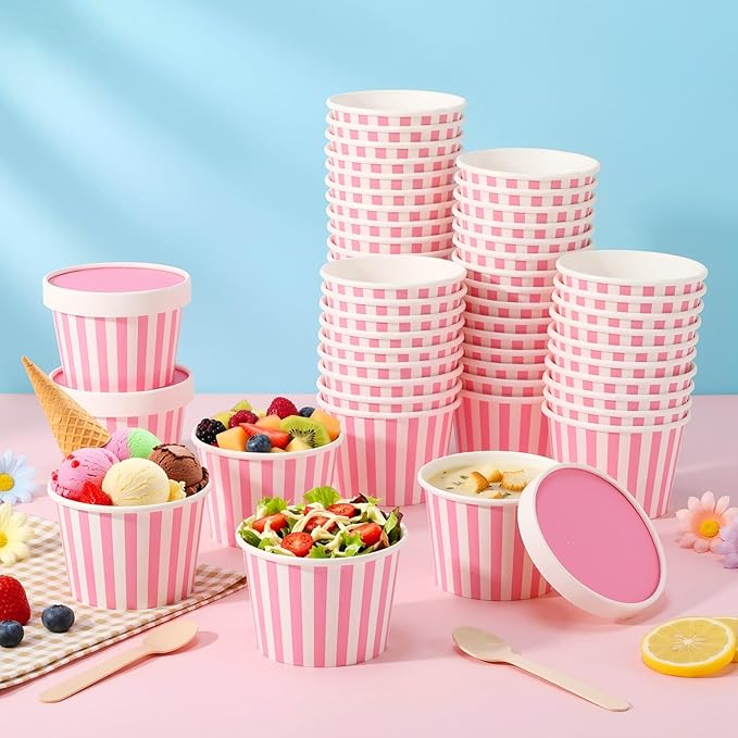 Fulmoon 100 Pack Paper Soup Containers with Lids Disposable Paper Food Containers with Vented Lid Kraft Ice Cream Cake Dessert Cups Soup Bowl for Party Hot Food Fruit Microwave(8 oz,Pink)