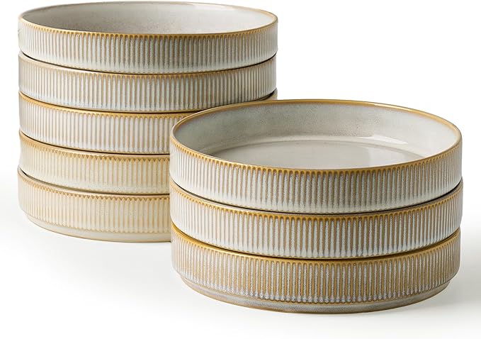 famiware Star 7.5" Pasta Bowls Set, Salad Bowl Set of 8, Double Reactive Glaze, Stackable, Ideal for Your Friend for Housewarming, Festivals, Cappuccino White
