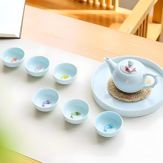 Yixing Handmade Celadon Colorful Koi Fish Teapot,Chinese Gongfu Tea Set,Japanese Teapot, Korean Soju Shot Glasses Set