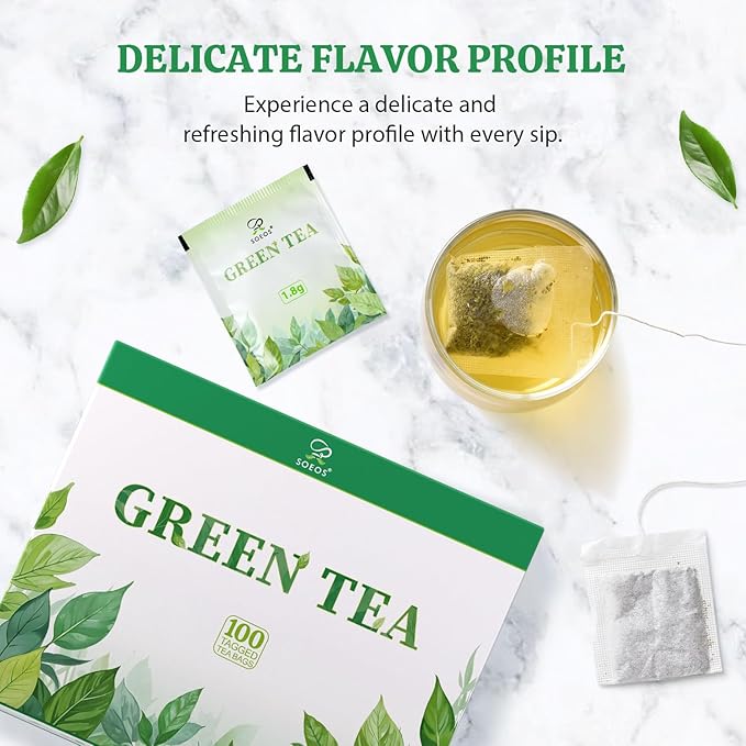 Soeos Green Tea, 6.3 oz (180g), 100 Tea Bags, Refreshing and Fragrant, Sustainably Sourced, Ideal for Hot or Iced Tea, Long-Lasting Freshness