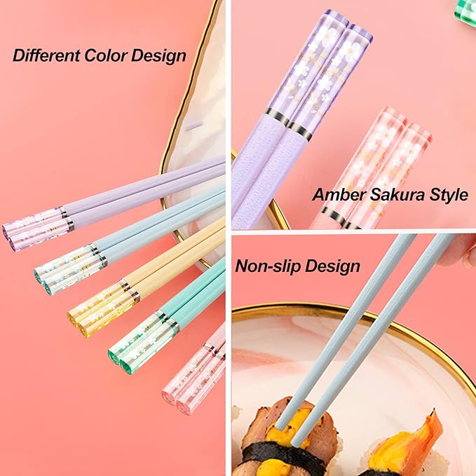 Chopsticks Reusable Dishwasher Safe, Premium Japanese Chinese Korean Non-slip Chopsticks, Lightweight, 9.6 inches - Colorful Sakura Gift Chop sticks, 5 Pairs