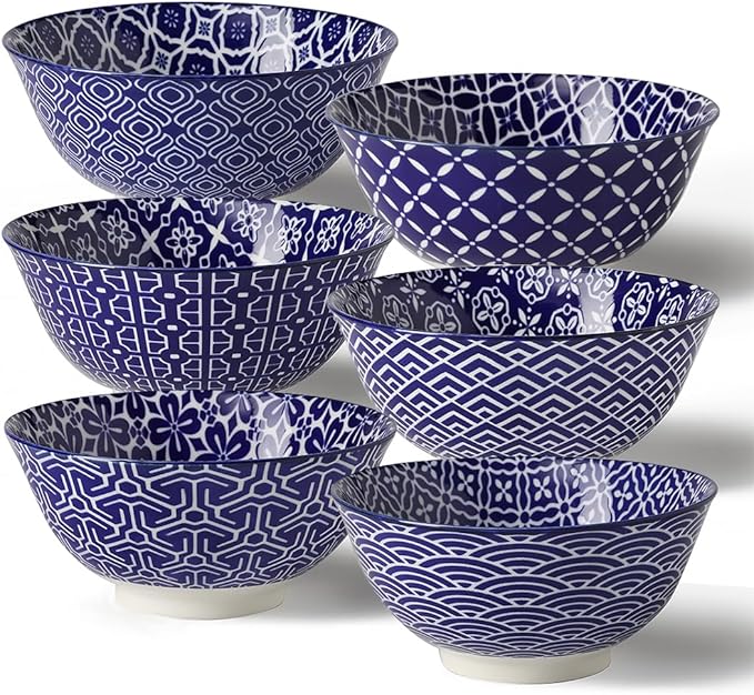 Metahom Ceramic Cereal Bowls, 23 Oz Blue and White Bowls, Porcelain Soup Bowl Set for Salad, Dessert, Pasta, Ice Cream,Set of 6