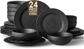 KINGSTONE Black Dinnerware Sets, 24-Piece Matte Marble Pattern Premium Porcelain, Place Setting with Dinner Plate, Salad Plate, Pasta Bowl, Microwave and Dishwasher Safe