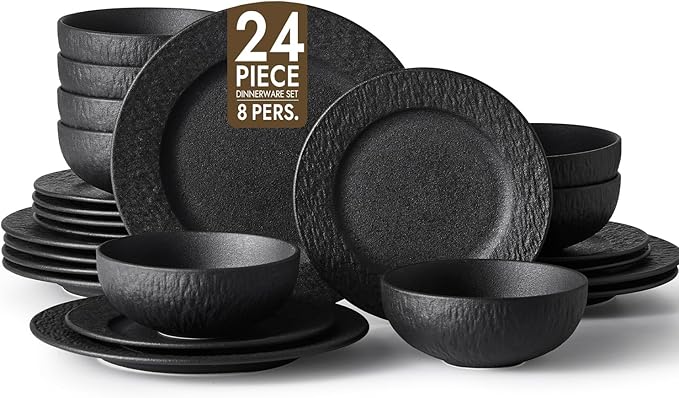 KINGSTONE Black Dinnerware Sets, 24-Piece Matte Marble Pattern Premium Porcelain, Place Setting with Dinner Plate, Salad Plate, Pasta Bowl, Microwave and Dishwasher Safe