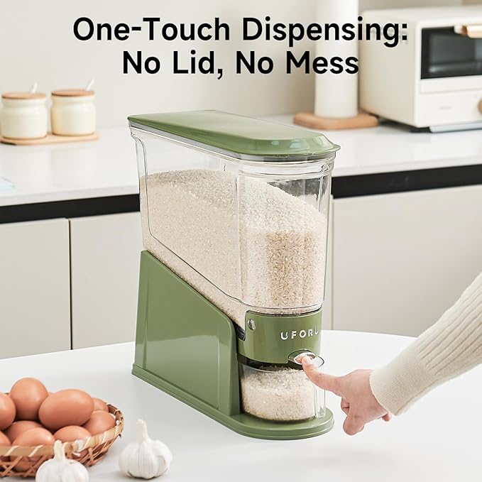 UFORU Rice Dispenser 11Lbs, Slim Rice Storage Container for Small Space, BPA-Free Clear Dry Food Dispenser Sealed Moisture Proof, Grain&Cereal Storage Bucket for Kitchen Pantry Household,Green