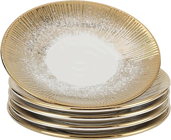 Akita Series 9.7-Inch Round Platter Set of 4, Gold Starburst Design with White Speckles, Food-Safe Porcelain for Entertaining & Holiday Gifting