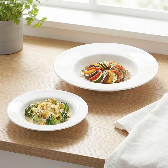 Pasta Plates with Rim 12 oz, Soup Bowl Pasta Bowl Set of 4, White Shallow Bowl Plate, Ceramic Wide Rimmed Soup Bowl, Best choice for high-end restaurants, hotels, and foodies, 10 Inch