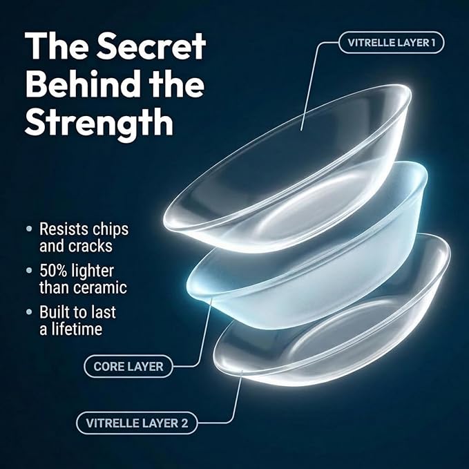 Corelle Vitrelle 6-Piece Bowl Set Triple Layer Glass and Chip Resistant, 20-Oz Lightweight Round Bowls, Winter Frost White