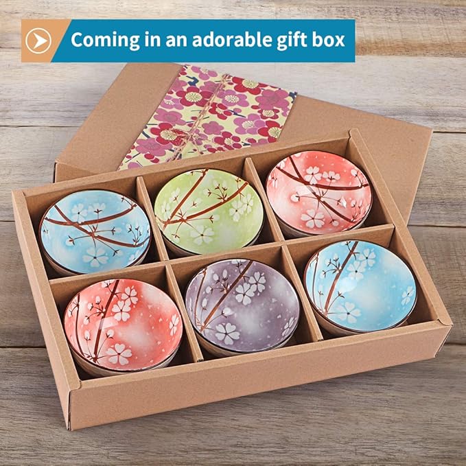 Ceramic Rice Bowls 10 oz, Sakura Bowl Gift Set, Assorted Color Dinnerware Serving Bowls for Rice, Cereal, Noodle, Soup, Desserts, Pack of 6 (Cherry Blossom)