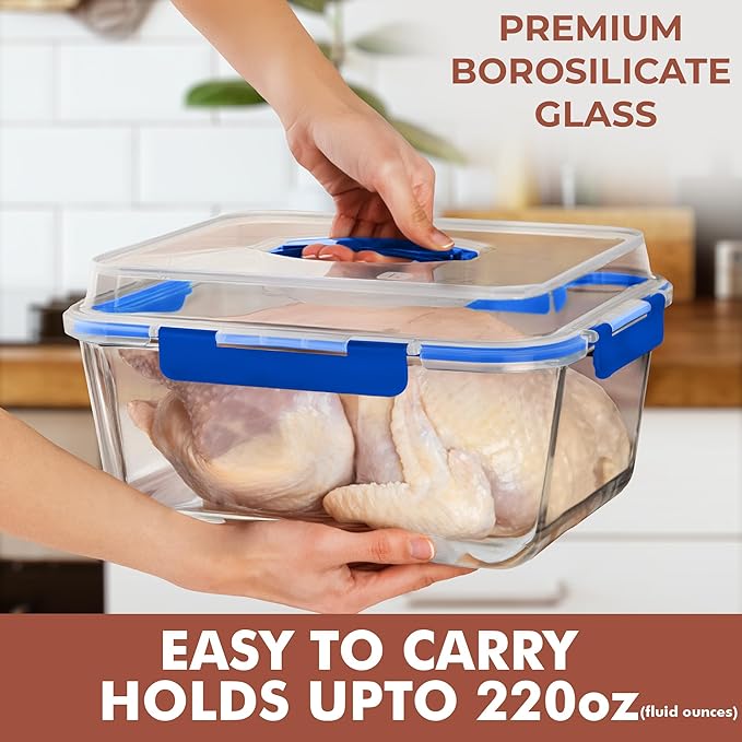 Razab 6500ml / 220 Oz / 28 Cups Extra Large Glass Food Storage Containers with Lids - Leakproof Glass Meal Prep Containers with Locking Lids for Roasting & Storing Leftover - Microwave & Oven Safe