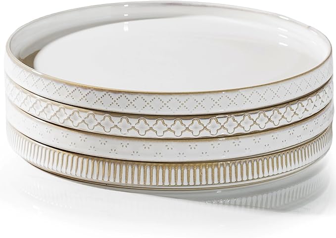 getstar 10.5” Ceramic Dinner Plates, Set of 4, Microwave & Dishwasher Safe, Salad Pasta Deep Plates with Embossments Set of 4