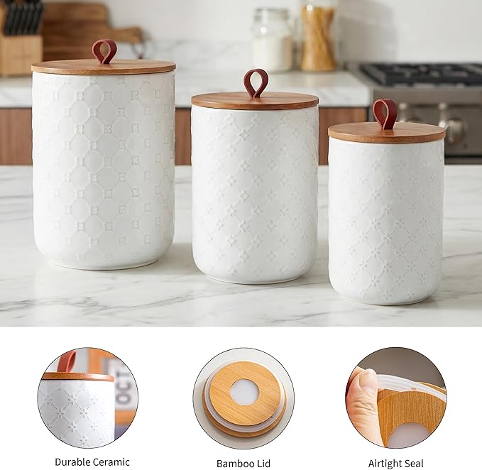 Ceramic Canisters Set with Airtight Lids, 82/48/30 oz Coffee Canisters Sets for the Kitchen, White Large Jars for Flour, Sugar, Pasta, Coffee, Cookies, Tea - Set of 3, Embossed Pattern