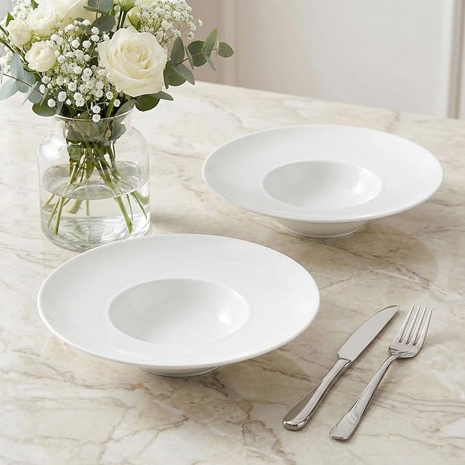 Ceramics Rimmed Soup Bowls 8.8 oz, White 11.6 inch Exquisite small soup plate Set of 4, Pasta plates With Rim is the best choice for hotels, kitchens, fine restaurants and gourmets