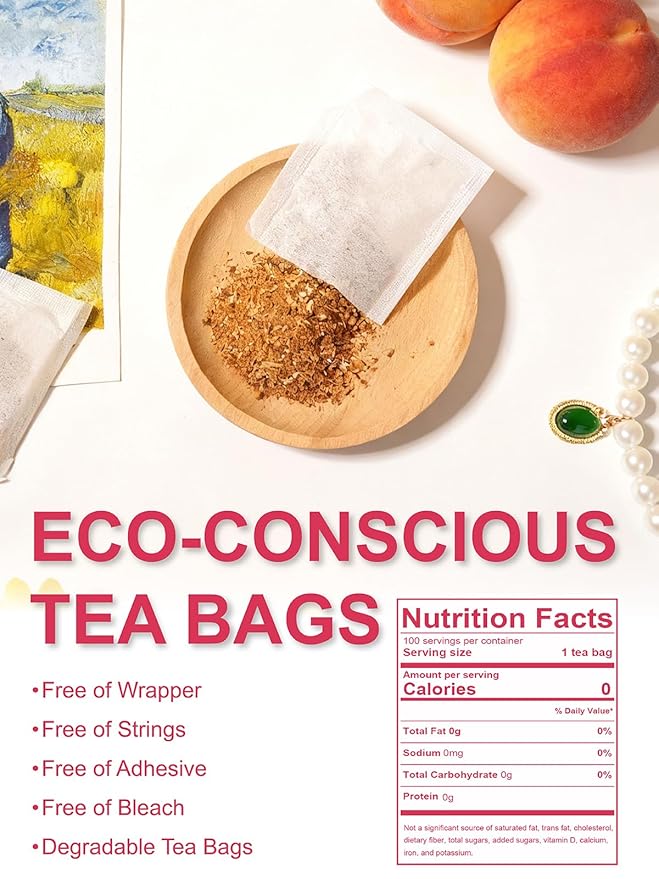 TeeLux Peach Dandelion Burdock Root Tea Bags, Sweet Cinnamon with Zesty Ginger & Toasty Roasted Dandelion Root, Caffeine Free, 100 Count