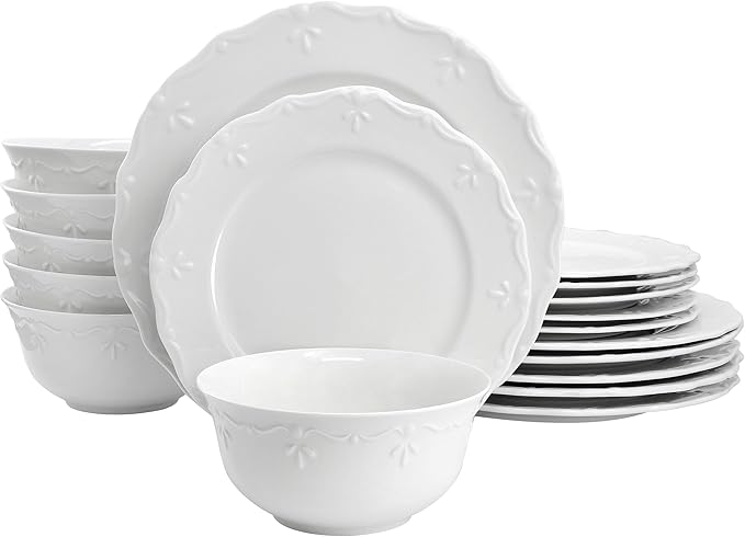 Elama Henryi 18 Piece Embossed Rim Detail Porcelain White Dinnerware Set, Tableware Set, Serveware (18 Piece)