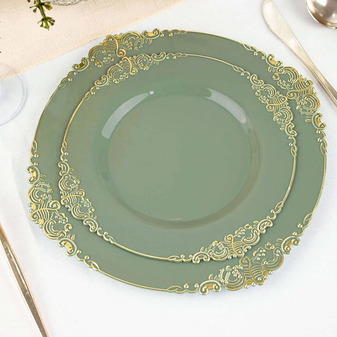 Efavormart 10 Pack | 8" Dusty Sage and Gold Baroque Dessert Plates, Leaf Embossed Metallic Rim Heavy Duty Appetizer Plates for Botanical Parties