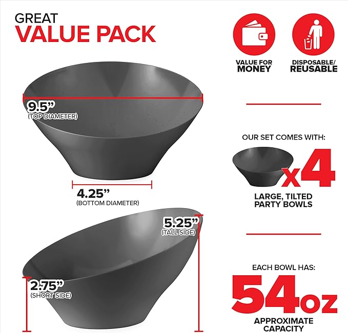54oz Black Plastic Serving Bowls (4 Pack) Large Disposable Snack Bowl Candy Dishes, Buffet Containers, Chips, Popcorn, Snacks, Punch, Salad Bar, Parties, Office Desk, Bridal Shower, Party Supplies