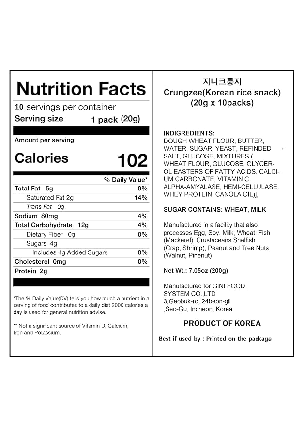 Korean Food Croissant Snack, Crispy and Buttery Dessert Bites, Only 102 Calories Each, Perfect for School Lunchboxes, Individually Wrapped, Bulk Pack of 30, Gini Crungzee, 크룽지, Krungji, Crungjee