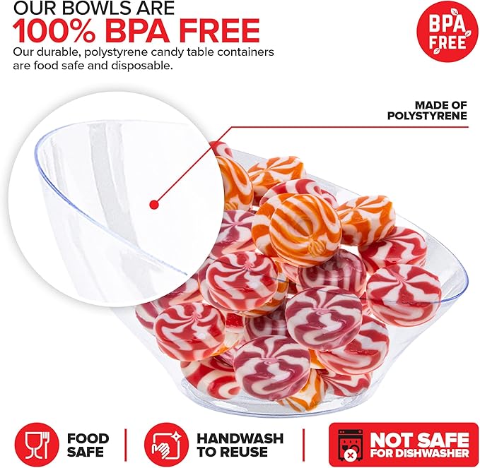 6oz Clear Plastic Serving Bowls (8 Pack) Small Disposable Candy Dishes, Buffet Containers for Chips, Popcorn, Snacks, Mints, Salad Bar, Snack Bowl, Parties, Office Desk, Bridal Shower, Party Supplies