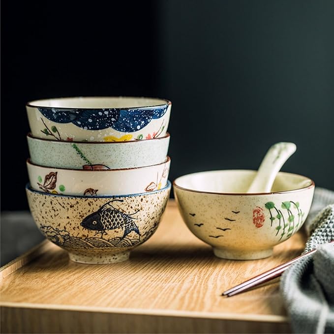 6 Pack Retro Ceramic Bowls, 4.5 Inch Japanese Rice Bowl, 10 Oz Small Soup Serving Set Hand-painted Cereal Holder for Salad, Dessert, Ice Cream, Noodles, Dishwasher Microwave Safe