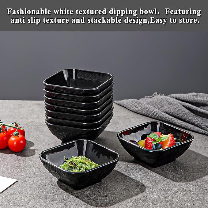 Berglander Dip Bowls Set 12pcs, 6 oz Black Plastic Dipping Bowls, Matte Stone Texture Soy Sauce Plates, Mini Appetizer Bowls for Side Dishes, Condiment Server for Tomato Sauce, Ketchup, BBQ, Party