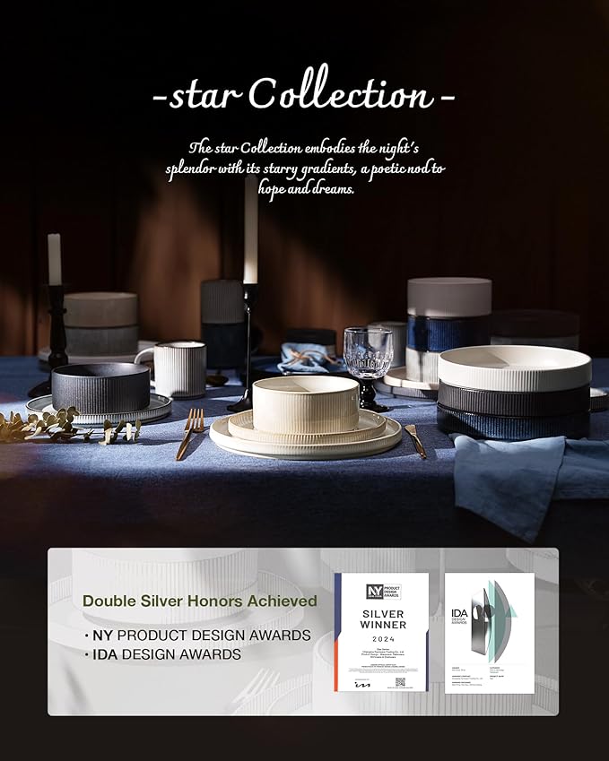 Famiware Star Dinnerware Set with Mugs, Service for 6 (24 Pieces), Ribbed Stoneware Plates and Bowls Dishes Sets - Chip & Scratch Resistant, Microwave & Dishwasher Safe, Matte Dark Charcoal