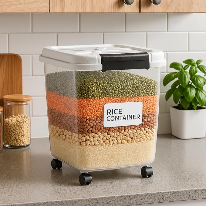 LivLab Mker Rice Dispenser - 50LBS Airtight food storage container with lids,cereal flour storage container with wheels, flour bin rice organizer (25KG)