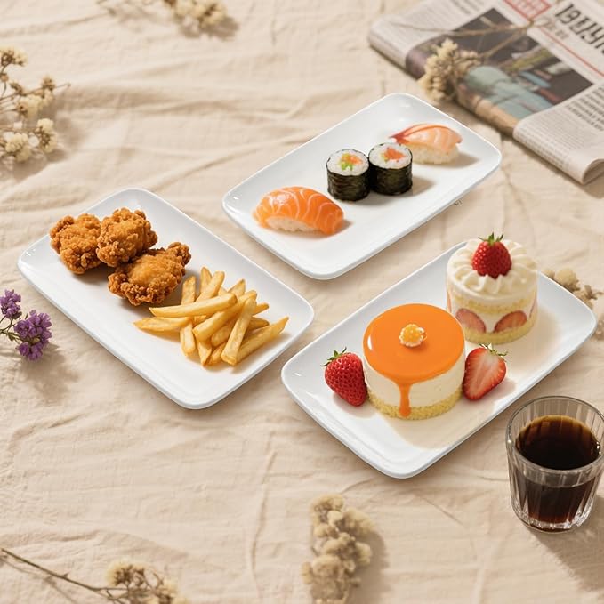 Foraineam 8 Pieces Rectangular Plates 8 Inch Porcelain Platters, Dessert, Appetizer, Salad Plates White Serving Trays