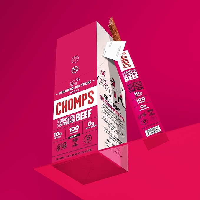 Chomps Grass-Fed and Finished Spicy Habanero Beef Jerky Snack Sticks 10-Pack - Keto, Paleo, Whole30, 10g Lean Meat Protein, Gluten-Free, Zero Sugar Food, Non-GMO