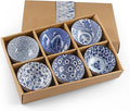 Ceramic Rice Bowls 10 oz, Japanese Style Bowl Gift Set, Assorted Dinnerware Serving Bowls for Cereal, Soup, Dessert, Snack, Fruit, Salsa, Pack of 6 (Blue and White)
