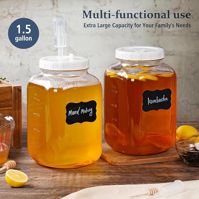 Folinstall 1.5 Gallon Large Fermentation Jars with 2 Airtight Lids and 3 Airlocks, Wide Mouth Glass Mason Jar with Scale Mark, Pickle jars, Mead Making Kit, Kimchi Containers, 2 Pack
