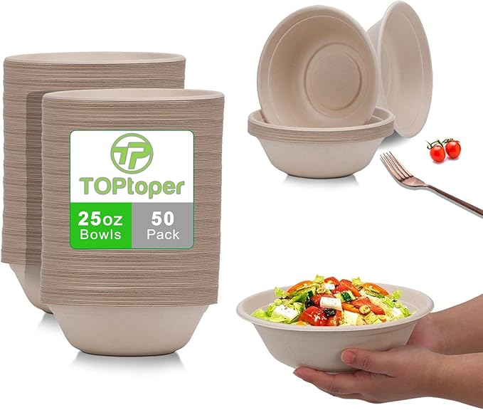 TOPtoper 25Oz 50Pack Large Paper Bowls, Disposable Bowls Bulk Leakproof and Microwave Safe for Hot or Cold Use (25 OZ)