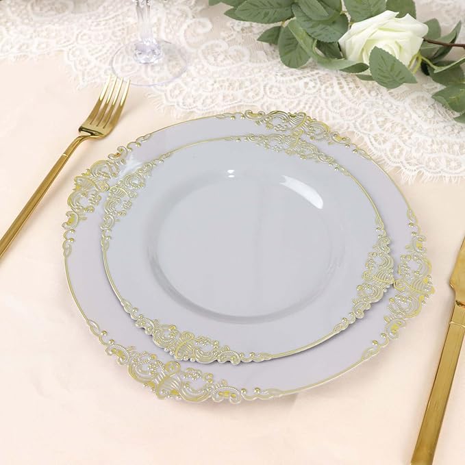 Efavormart 10 Pack | 8" Gray and Gold Baroque Dessert Plates, Leaf Embossed Metallic Rim Heavy Duty Appetizer Plates for Modern Loft Weddings