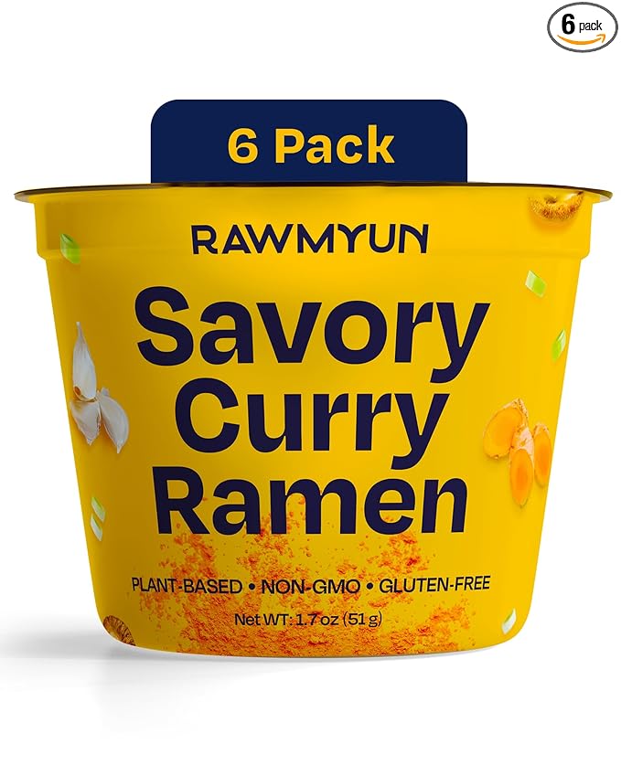RAWMYUN Gluten Free Healthy Korean Ramen Vegan Superfood Clean Ingredients Plant-Based Cup Noodles made with Organic Rice Noodles Instant Soup | No MSG, Non-GMO, Real Ingredients (6 Savory Curry)