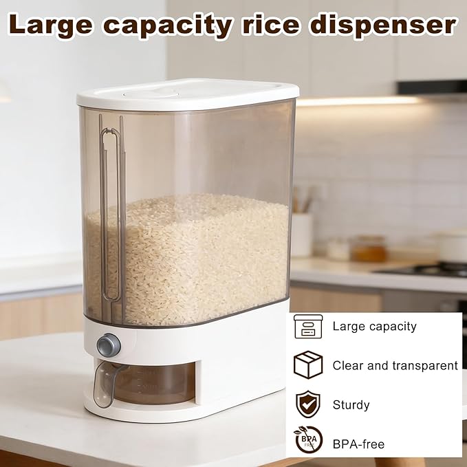 FMOACEN 22 Lbs Rice Dispenser with Measuring Cup Large Airtight Cereal Dispenser Multifunctional Dry Food Storage Container for Rice Grains Soybean Corn Kitchen Pantry Organization