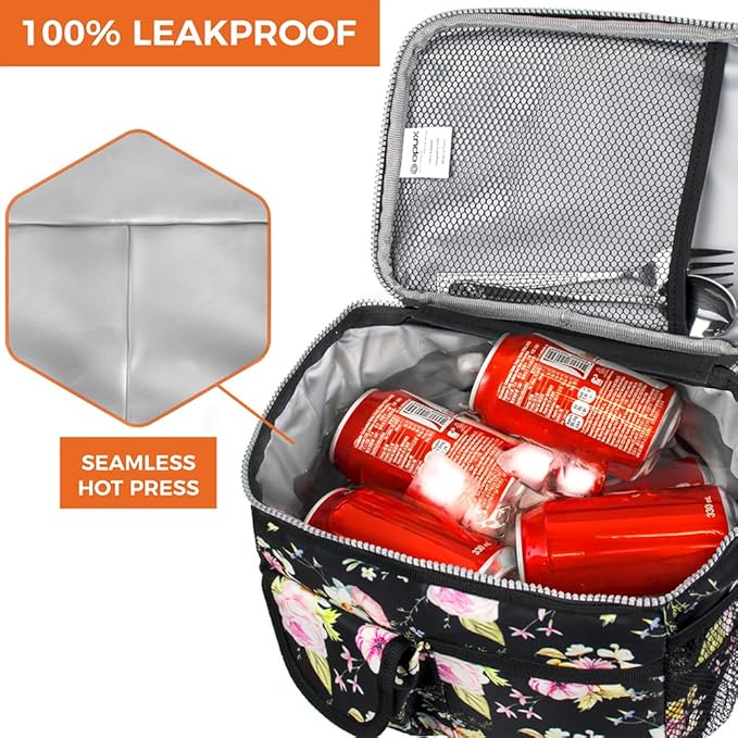 opux Insulated Lunch Box for Men Women Kids, Leakproof Reusable Lunch Bag Cooler for Work School Office, Soft Thermal Lunchbox Tote with Shoulder Strap for Boys Girls Adults, Floral Black, 14 Can/8L