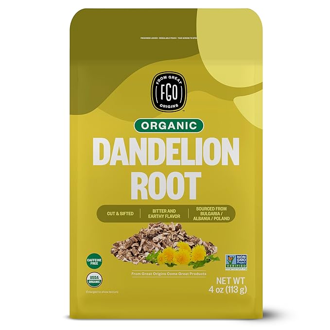 FGO Organic Dandelion Root, Cut and Sifted Loose Tea, 4 Ounce Resealable Bag, Packaging May Vary (Pack of 1)