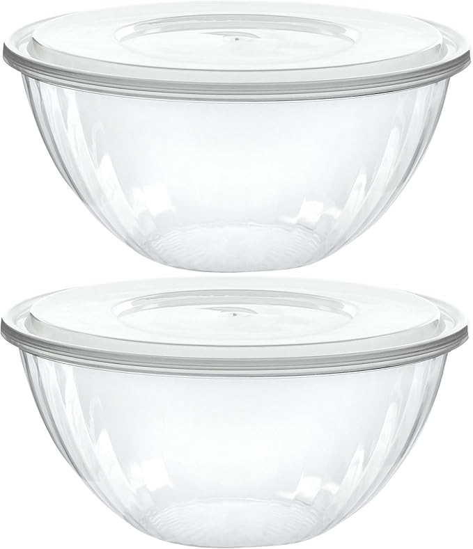 PLASTICPRO Disposable 48 Ounce Round Crystal Clear Plastic Serving Bowl With Lid - Party Snack or Salad Container, Chip and Candy Dish - Pack of 8