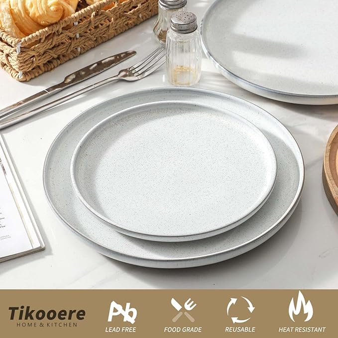 Ceramic Dinner Plates Set of 4 with High Edges, 8 Inch Glacier White Plates for Salad, Pasta and Steak, Oven＆Dishwasher Safe, Stoneware Plates with Matte Terracotta Base, Porcelain,Scratch Resistant