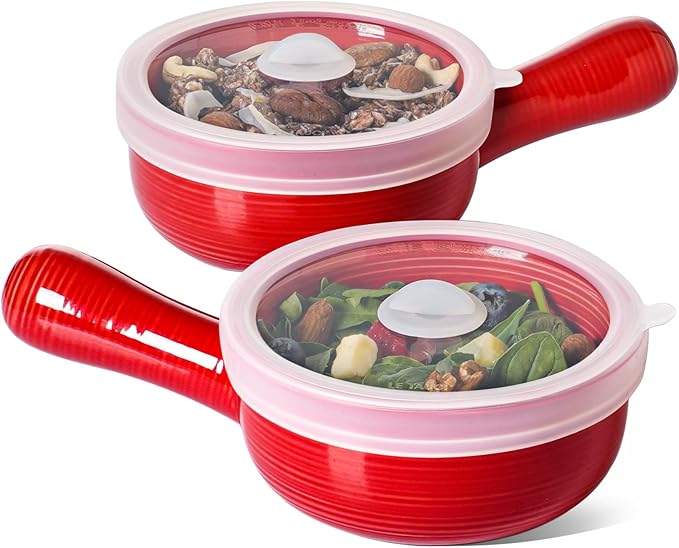 LE TAUCI Soup Bowls with Silicone Lids and Handles, 15 Oz French Onion Soup Bowls, Non-Toxic Ceramic Soup Crocks for Noodles, Stew, Cereal and Chilli, Oven Microwave Dishwasher Safe, Set of 2, Red