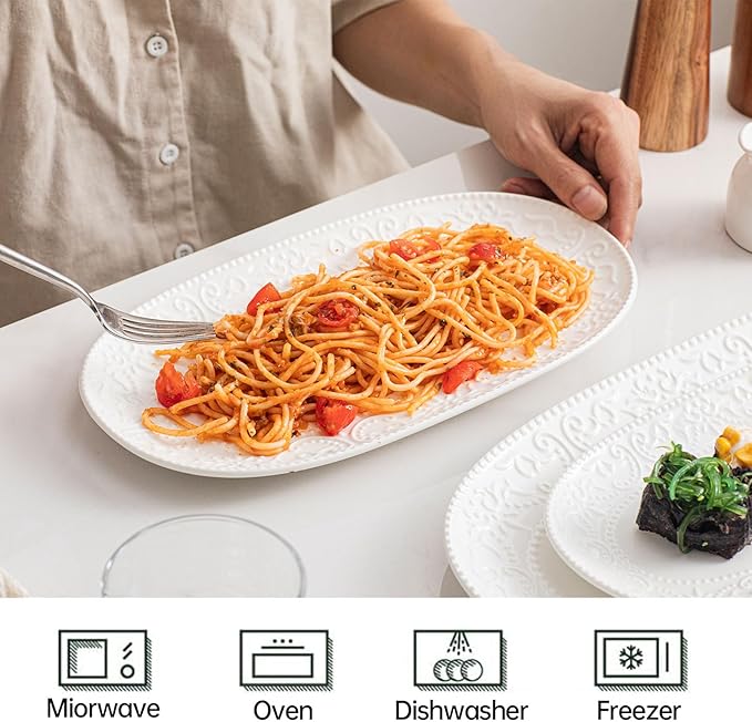 Oval Embossed Serving Platter Set, Stackable Serving Tray, Ceramics White Serving Platters for Entertaining, Serving Dishes for Wedding, Dishwasher & Oven Safe, Gift for Housewarming (3PCS)