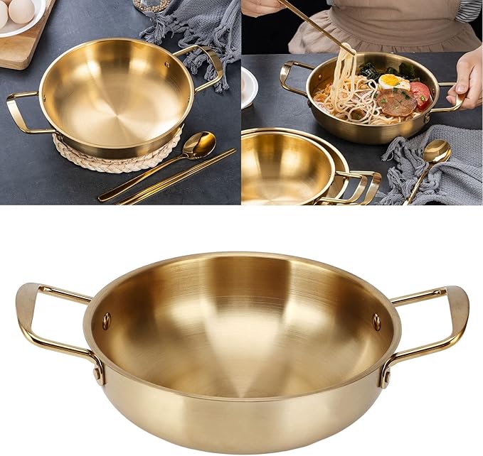 Korean Ramen Noodle Pot, Stainless Steel Golden Ramen Cooker with Handles, Portable Kitchen Cooking Pot for Kitchen Outdoor Cooking (18CM)